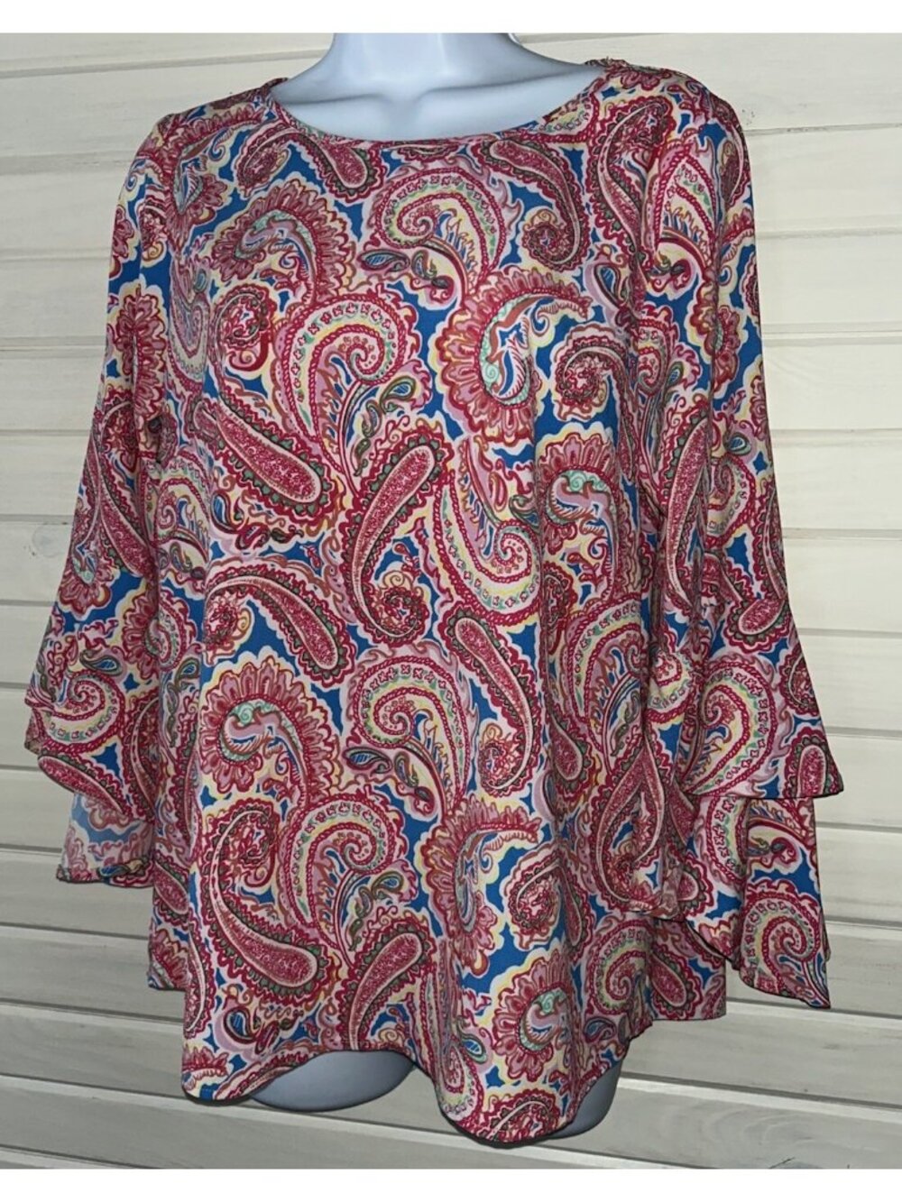 Belle by Kim Gravel Sz XS Paisley Print Flutter Sleeve Top A307916 Pink Blue EUC